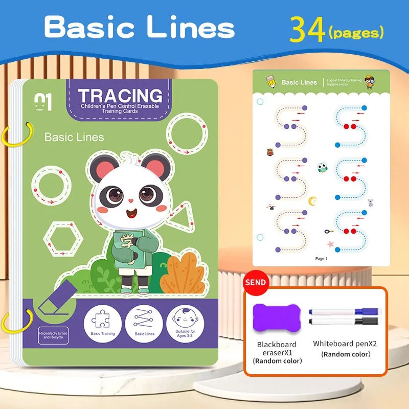 34-Page Reusable Magic Tracing Workbook, Educational Drawing and Pen Control Training, Includes Pen and Eraser, Essential for Learning, Classroom Education, Birthday, Christmas, Easter Gift